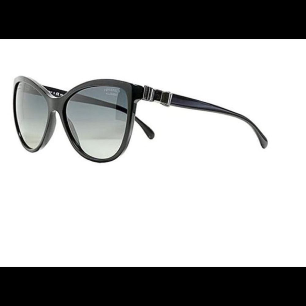 Authentic Chanel Black Cat Eye Leather Bow Polarized Sunglasses